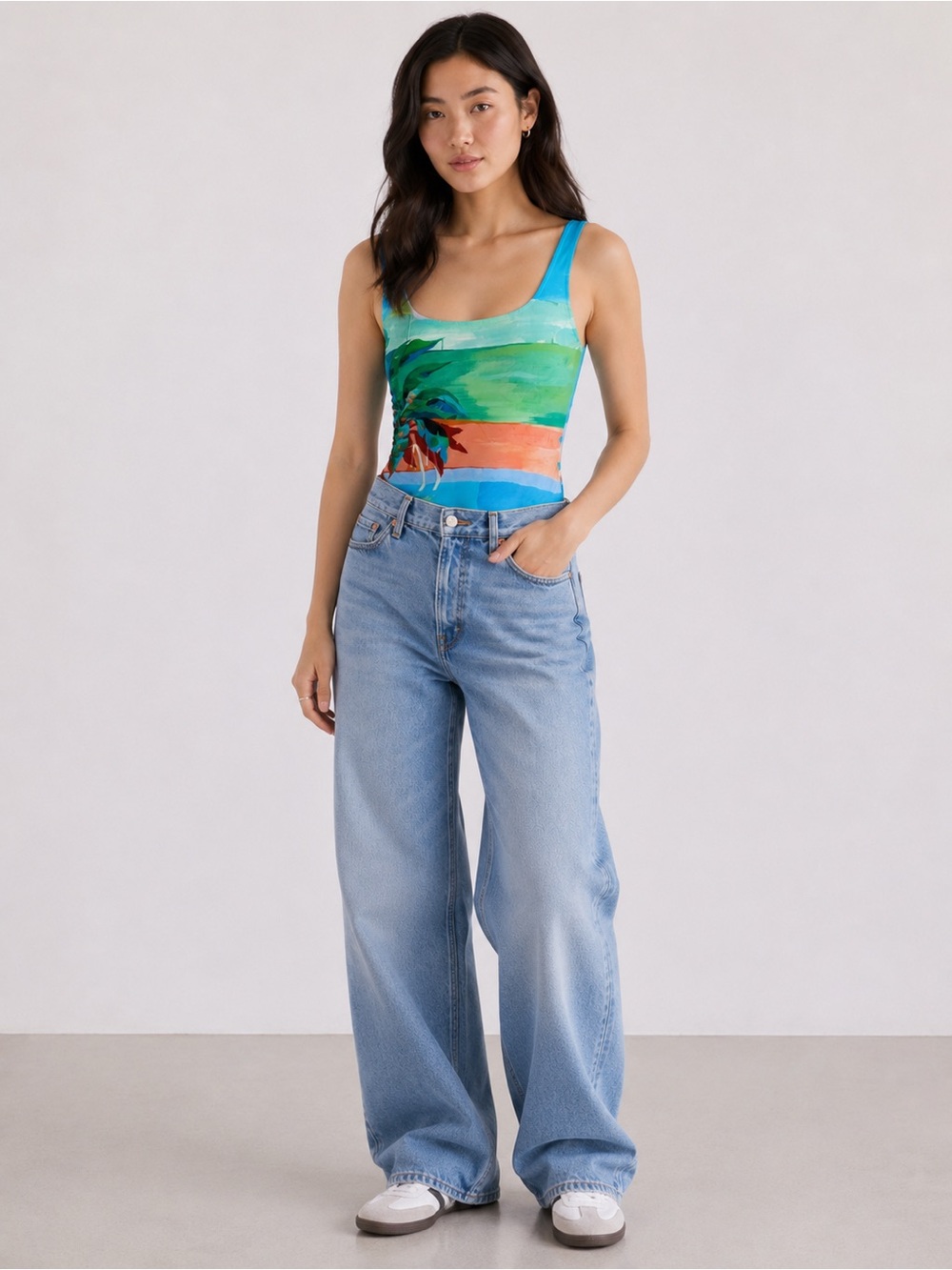 Aritzia Babaton Contour Bodysuit Palm Tree/Sunset pattern Size Small